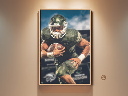American football player canvas art print. This sports action wall art features a dynamic pose. The green and white artwork will add an energetic vibe to your man cave or office sports decor. A perfect gift for a football fan.
