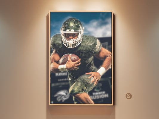 American football player canvas art print. This sports action wall art features a dynamic pose. The green and white artwork will add an energetic vibe to your man cave or office sports decor. A perfect gift for a football fan.