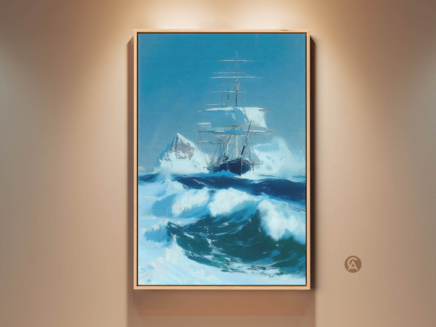 Nautical canvas print featuring a tall ship. The artwork shows a ship in an ocean storm near an iceberg. This maritime art in blue and turquoise is perfect adventure wall decor. It is also a thoughtful study or office gift.
