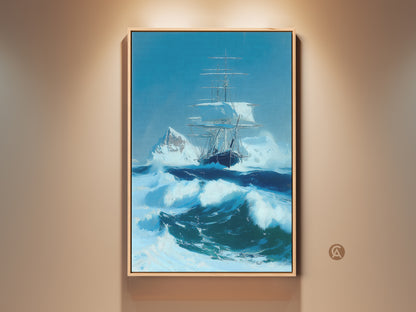 Nautical canvas print featuring a tall ship. The artwork shows a ship in an ocean storm near an iceberg. This maritime art in blue and turquoise is perfect adventure wall decor. It is also a thoughtful study or office gift.
