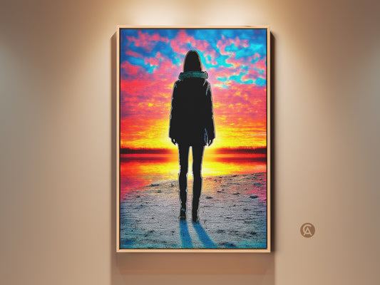 A woman gazes at the ocean sunset in this canvas print. The colorful sky artwork features hues of orange red and blue. This wall art brings adventure to any space. A thoughtful gift for travel lovers. It enhances bedroom decor or living room ambiance with coastal home art.