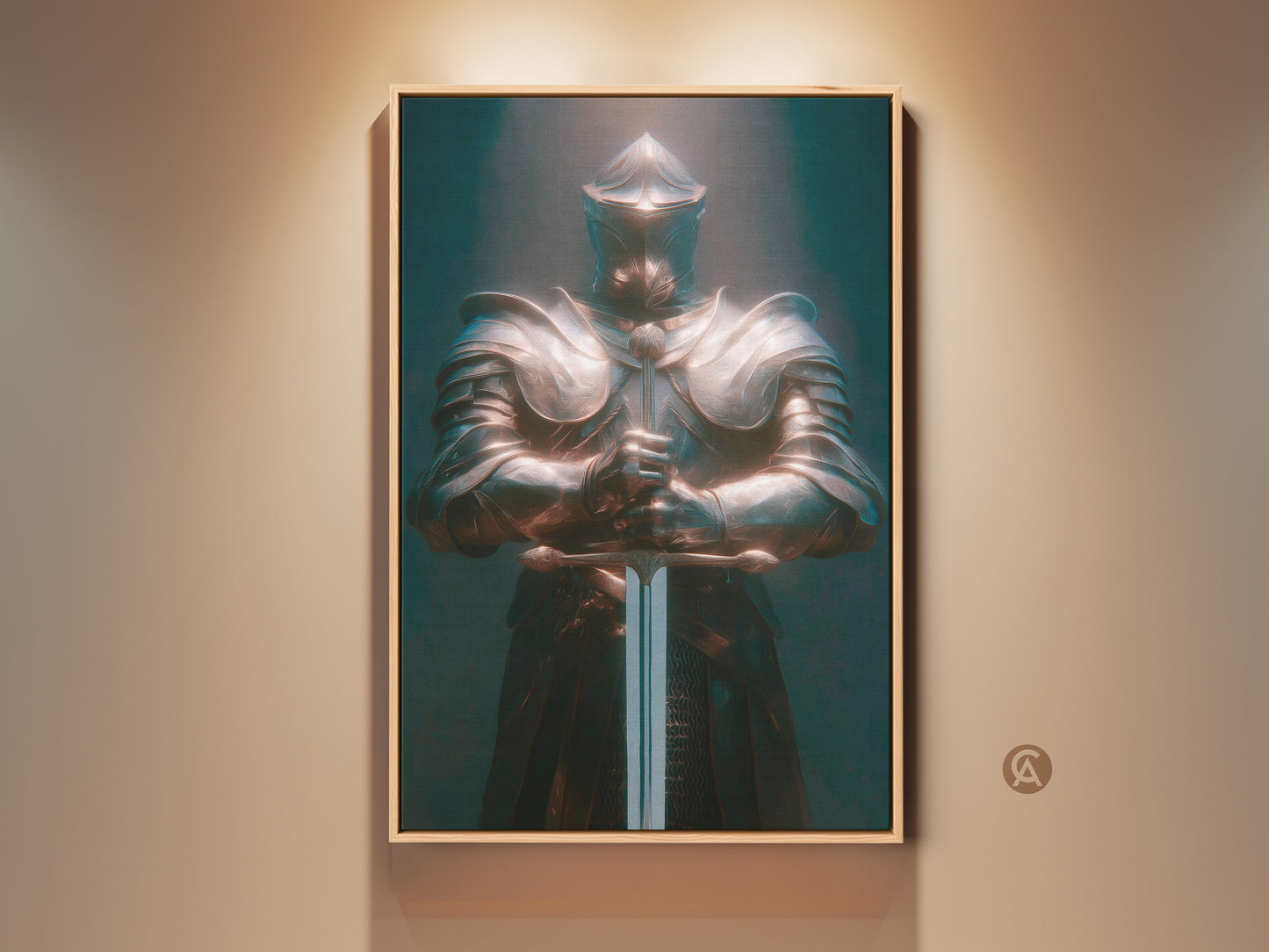 Bronze Teal Knight canvas art displayed in a warm living space. The artwork features a medieval warrior in gothic armor. It's a great piece of dark fantasy office decor. This is a unique gift for fantasy fans. The knight holds a sword and adds an eclectic style to the room.
