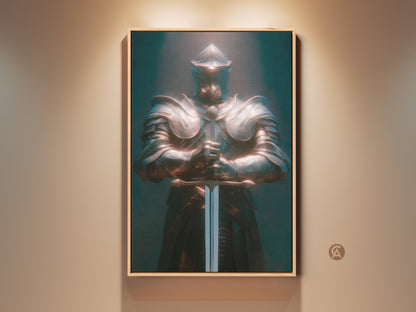 Bronze Teal Knight canvas art displayed in a warm living space. The artwork features a medieval warrior in gothic armor. It's a great piece of dark fantasy office decor. This is a unique gift for fantasy fans. The knight holds a sword and adds an eclectic style to the room.