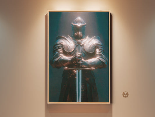 Bronze Teal Knight canvas art displayed in a warm living space. The artwork features a medieval warrior in gothic armor. It's a great piece of dark fantasy office decor. This is a unique gift for fantasy fans. The knight holds a sword and adds an eclectic style to the room.