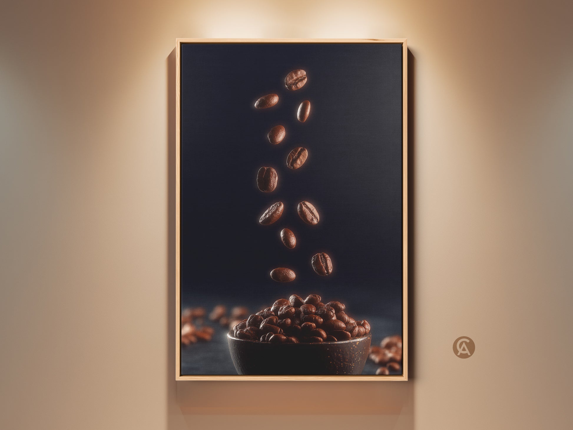 Modern falling coffee beans canvas art in a floating wood frame. This contemporary kitchen artwork features rich brown coffee beans against a navy backdrop. A perfect coffee lover gift or cafe interior art. Elevate your home bar with this espresso bean artwork today