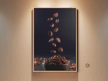 Modern falling coffee beans canvas art in a floating wood frame. This contemporary kitchen artwork features rich brown coffee beans against a navy backdrop. A perfect coffee lover gift or cafe interior art. Elevate your home bar with this espresso bean artwork today