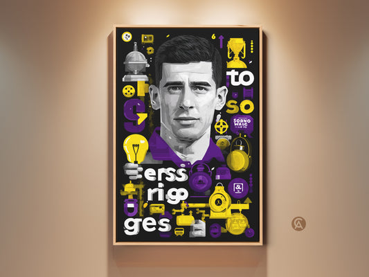 Purple and yellow man portrait wall art. It is modern office decor. Graphic canvas print on the wall.  A contemporary art piece. Perfect as inspirational gift art. The typography makes it unique home decor