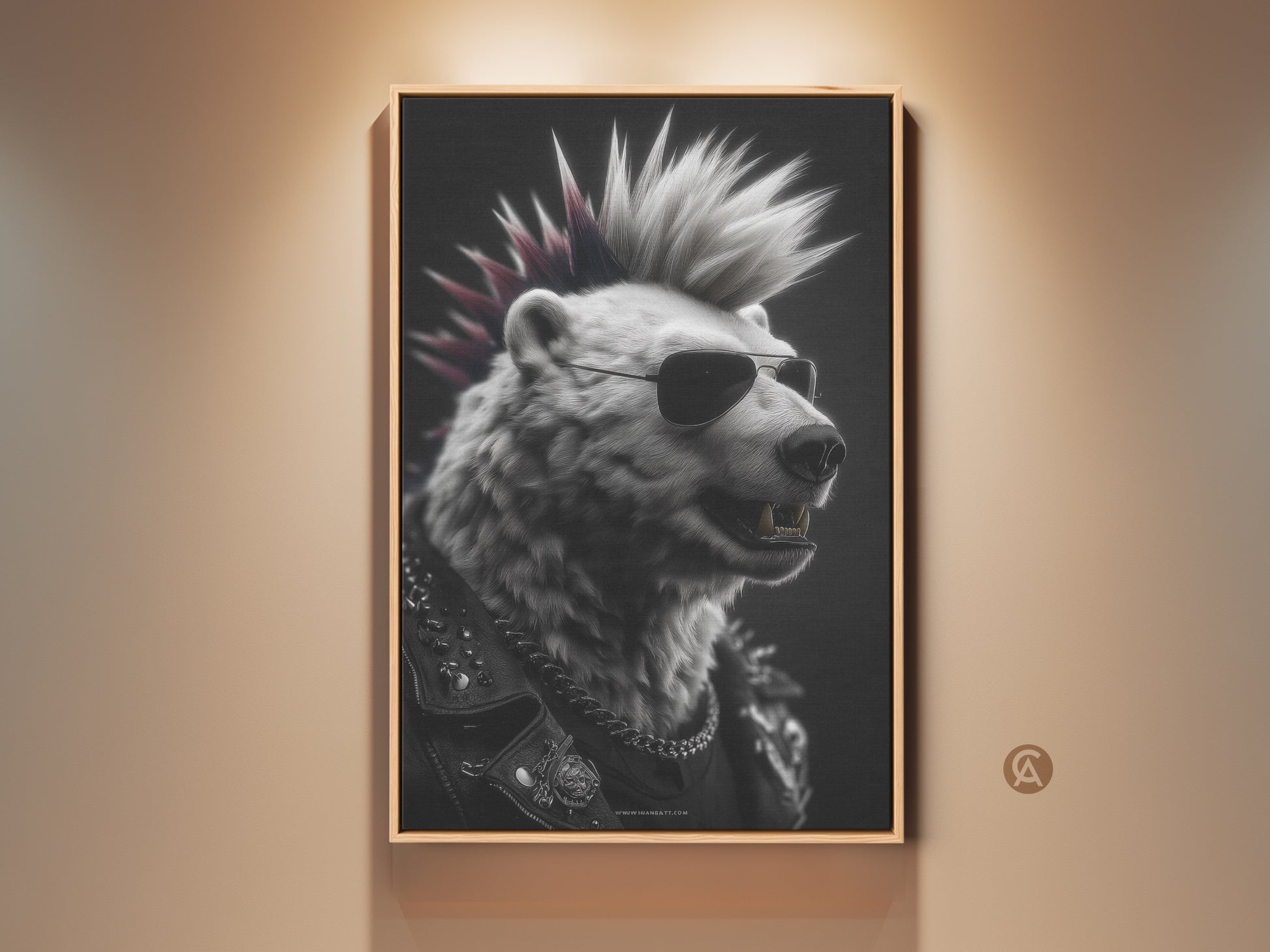A framed punk rock bear art piece is mounted on a wall. The bear features a mohawk and sunglasses. It's an eclectic wall decor item. The artwork adds a unique touch to any space. It's perfect for music lovers and rebellious art collectors. This canvas art is ideal for a man cave or alternative office decor.