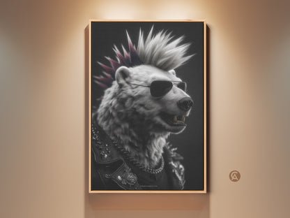 A framed punk rock bear art piece is mounted on a wall. The bear features a mohawk and sunglasses. It's an eclectic wall decor item. The artwork adds a unique touch to any space. It's perfect for music lovers and rebellious art collectors. This canvas art is ideal for a man cave or alternative office decor.