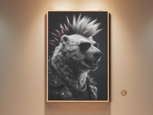 A framed punk rock bear art piece is mounted on a wall. The bear features a mohawk and sunglasses. It's an eclectic wall decor item. The artwork adds a unique touch to any space. It's perfect for music lovers and rebellious art collectors. This canvas art is ideal for a man cave or alternative office decor.
