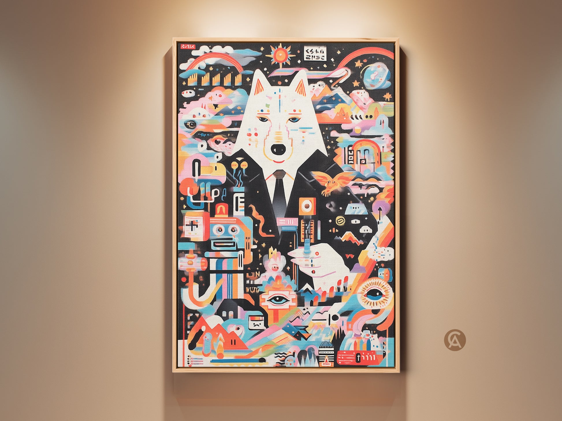 Modern wall decor featuring a multicolor abstract wolf artwork. The surreal robot animal print is displayed in a light wood frame. This eclectic piece enhances home or office spaces. A unique gift idea for art enthusiasts seeking vibrant wall decor and unusual designs.