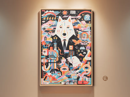 Modern wall decor featuring a multicolor abstract wolf artwork. The surreal robot animal print is displayed in a light wood frame. This eclectic piece enhances home or office spaces. A unique gift idea for art enthusiasts seeking vibrant wall decor and unusual designs.