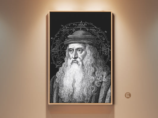 Framed vintage Leonardo da Vinci portrait art. The black and white historical engraving wall art features a celestial chart print. Ideal traditional decor for study & office spaces.