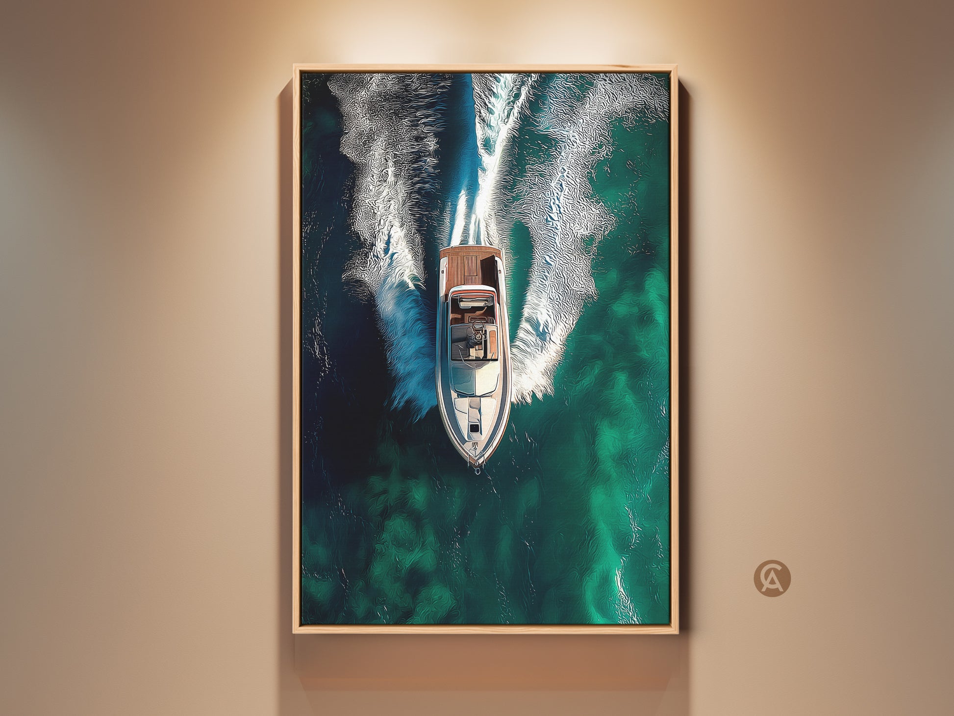 Experience the thrill with this abstract teal ocean speedboat canvas. This wall art features a modern contemporary decor. This artwork is a perfect gift for boat lovers. This abstract print enhances any entry hall. It brings a nautical touch to your home.