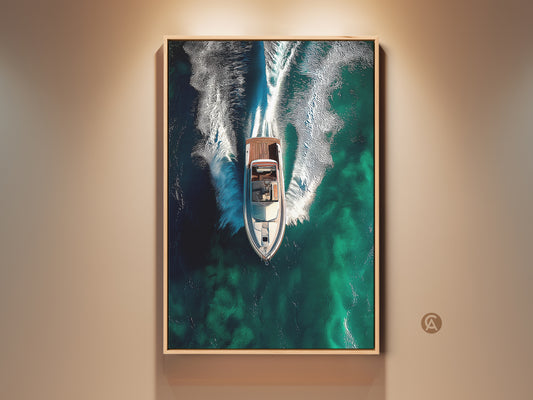 Experience the thrill with this abstract teal ocean speedboat canvas. This wall art features a modern contemporary decor. This artwork is a perfect gift for boat lovers. This abstract print enhances any entry hall. It brings a nautical touch to your home.