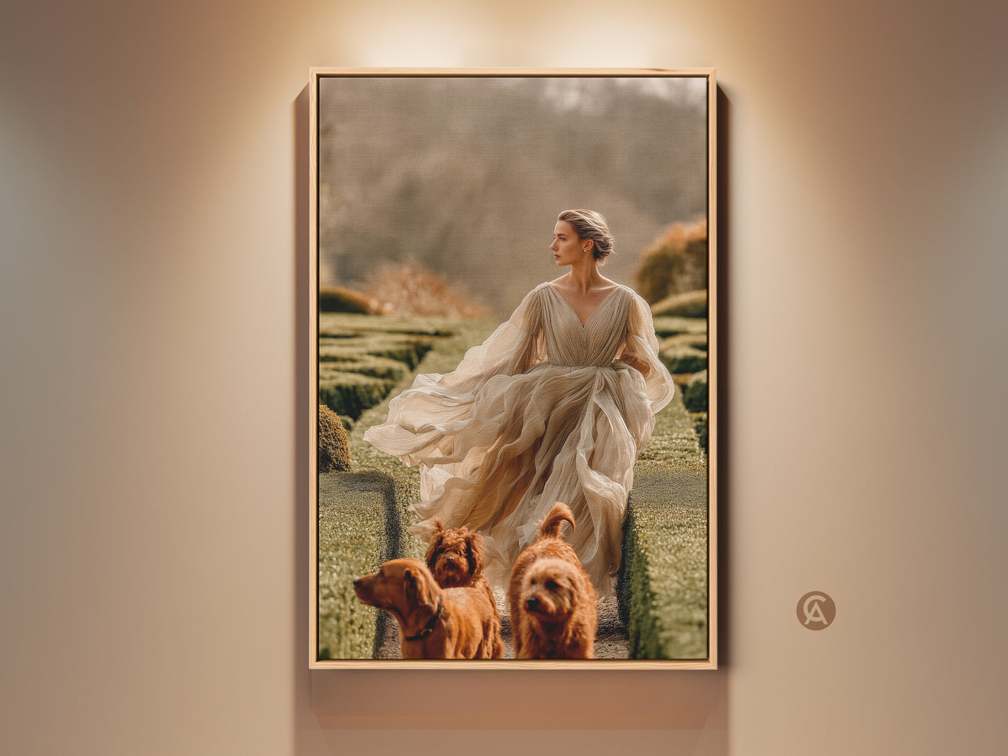 Woman with dogs in garden canvas art print. Romanticism artwork with beige gold and olive green tones. A timeless piece perfect as an anniversary gift or for dog lovers. Displayed in a traditional frame it enhances any living room.