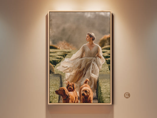 Woman with dogs in garden canvas art print. Romanticism artwork with beige gold and olive green tones. A timeless piece perfect as an anniversary gift or for dog lovers. Displayed in a traditional frame it enhances any living room.