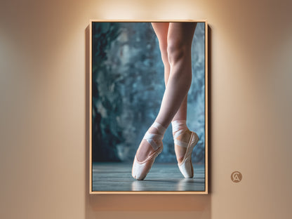 Framed ballet shoes artwork mounted on a wall. This vertical art piece features a close-up of a ballerina's feet in pointe shoes. The artwork is displayed in a oak floating frame ready to hang.