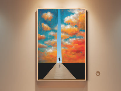Teal and orange cloudscape canvas print in a wood frame. See the surreal abstract art with a silhouette figure. Ideal dreamer wall art for bedroom decor. Unique home decor.