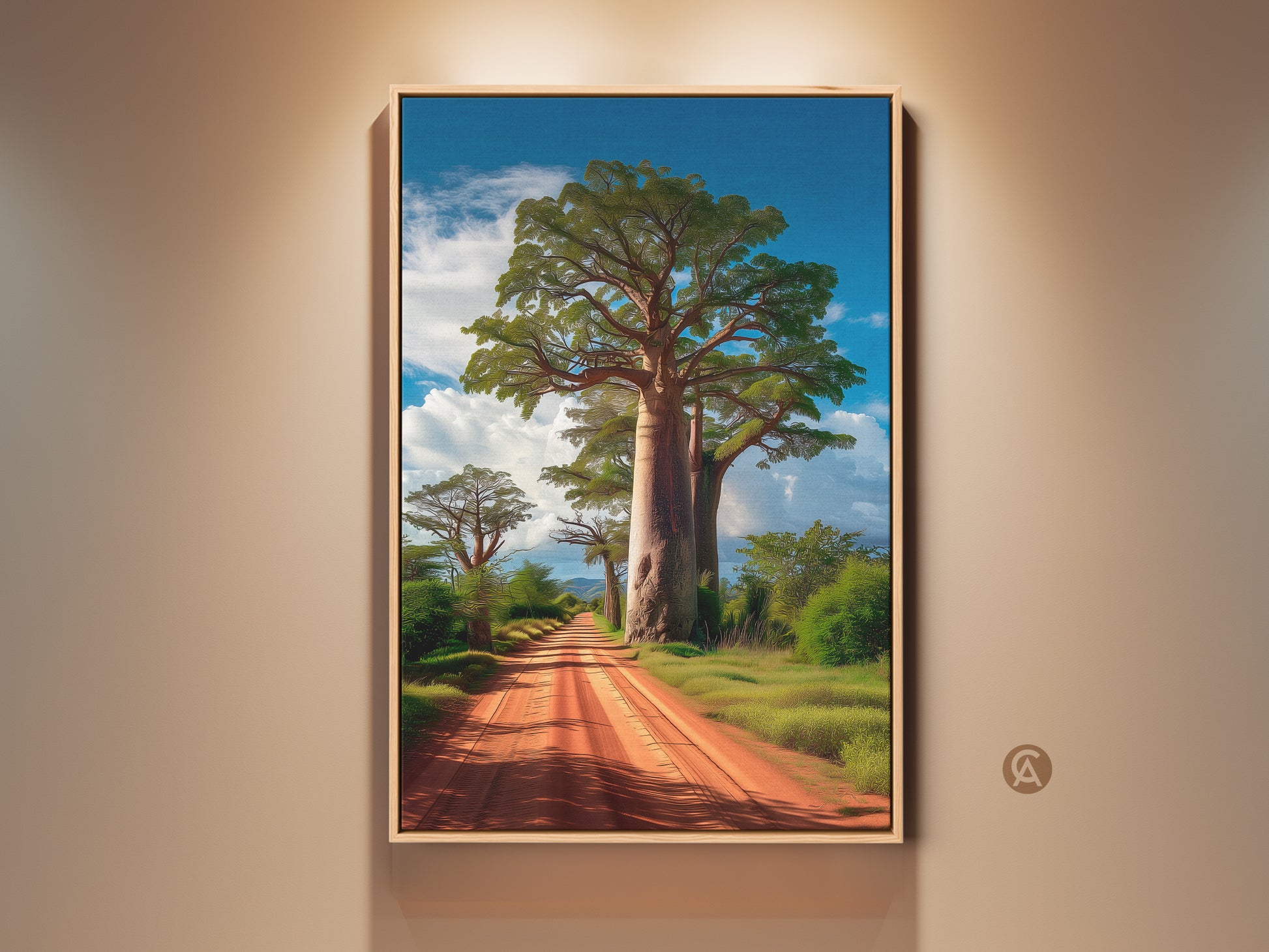 Framed African Savanna landscape artwork featuring a Baobab tree. The art print showcases a dirt road. The earth tones and blue sky add a boho touch. This canvas is perfect for entry halls or as a housewarming gift for travelers.
