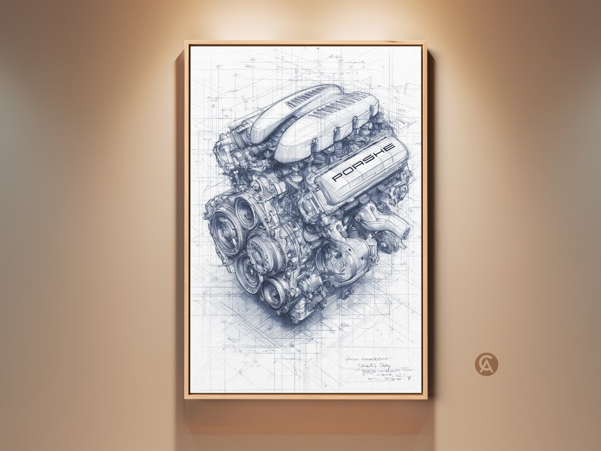 Framed Porsche engine technical drawing. This blueprint style automotive artwork is perfect for garage decor. It is a great car enthusiast gift idea for him. The art print adds an industrial touch.