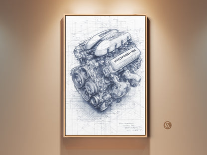 Framed Porsche engine technical drawing. This blueprint style automotive artwork is perfect for garage decor. It is a great car enthusiast gift idea for him. The art print adds an industrial touch.