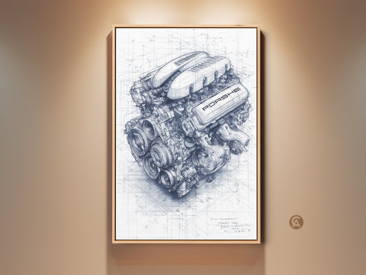 Framed Porsche engine technical drawing. This blueprint style automotive artwork is perfect for garage decor. It is a great car enthusiast gift idea for him. The art print adds an industrial touch.
