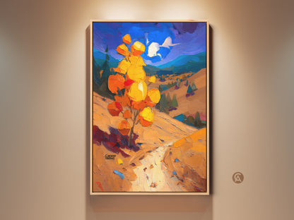 Framed impressionist landscape wall art featuring a yellow orange autumn tree. The sky has a touch of purple. This nature artwork adds vibrant fall color to cozy home decor. It is a captivating piece for art lovers.