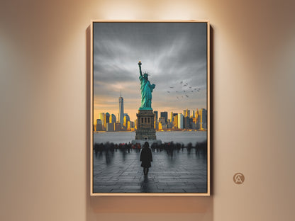 This artwork features the Statue of Liberty and NYC skyline. The contemporary piece uses a turquoise and gold color palette. A lone figure gazes at Lady Liberty. This cityscape photography is perfect for modern entry hall decor. It makes a great gift for NYC expats. The premium wall art print captures the urban landscape beautifully.
