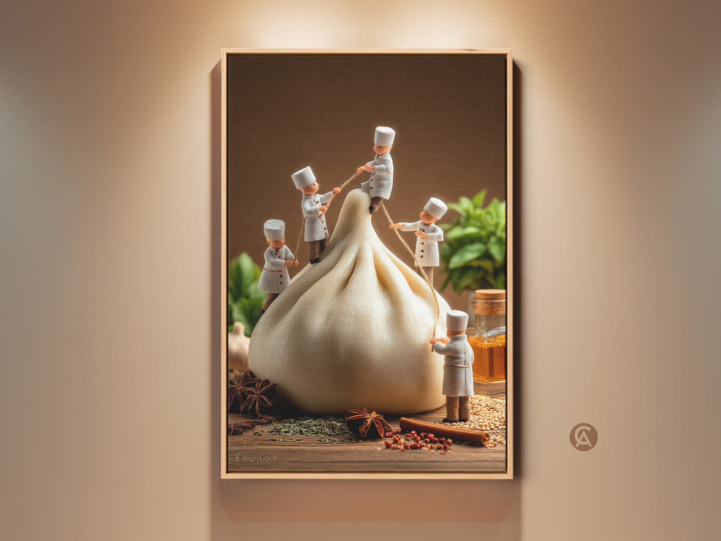 Framed kitchen art print featuring miniature chefs working on a dumpling. This playful food art adds charm to your culinary space. Spice up your kitchen decor with this unique artwork. The print features warm tones and intricate details. A perfect conversation starter for foodies. Ready to hang framed print.