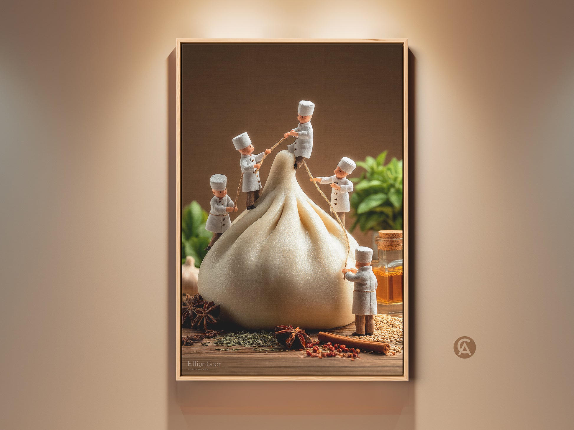 Framed kitchen art print featuring miniature chefs working on a dumpling. This playful food art adds charm to your culinary space. Spice up your kitchen decor with this unique artwork. The print features warm tones and intricate details. A perfect conversation starter for foodies. Ready to hang framed print.