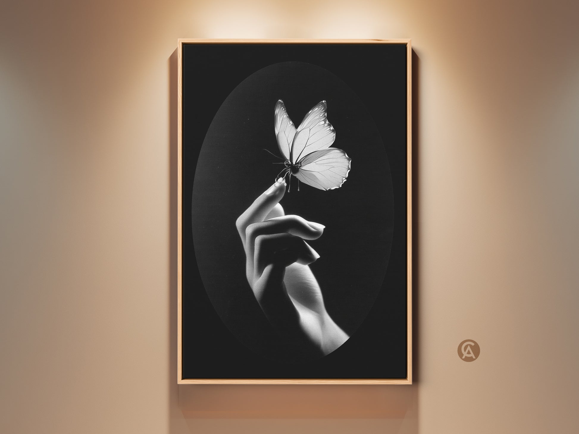 Monochrome butterfly art print. It features a minimalist hand art print. Black and white wall decor is captured. This nature lover gift art brings contemporary elegance. This insect macro print is perfect for elegant home art. Fine art canvas print for a minimalist living room. Consider butterfly wall hanging for modern office art. Makes a great housewarming gift idea. Art for insect collectors
