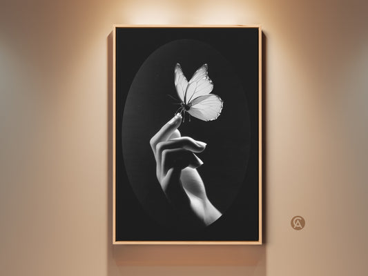 Monochrome butterfly art print. It features a minimalist hand art print. Black and white wall decor is captured. This nature lover gift art brings contemporary elegance. This insect macro print is perfect for elegant home art. Fine art canvas print for a minimalist living room. Consider butterfly wall hanging for modern office art. Makes a great housewarming gift idea. Art for insect collectors