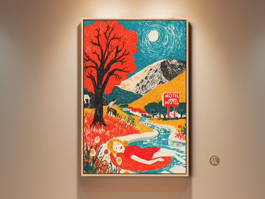This vibrant artwork shows a woman relaxing by a river near a motel. A bright red tree stands tall. A man sits beneath it reading. Mountains and a full moon complete the serene landscape. Purchase this unique wall art to add color to your home decor.