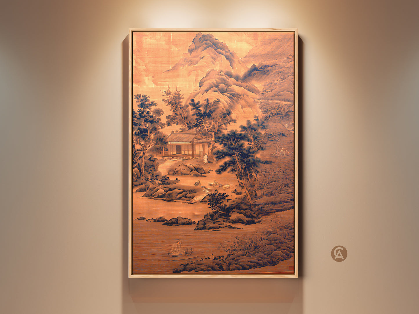 Framed ink wash mountain landscape art print. This sepia navy traditional Asian wall decor creates a zen atmosphere. A peaceful housewarming gift for a study room or office. This artwork brings historical charm to residential or workplace settings.
