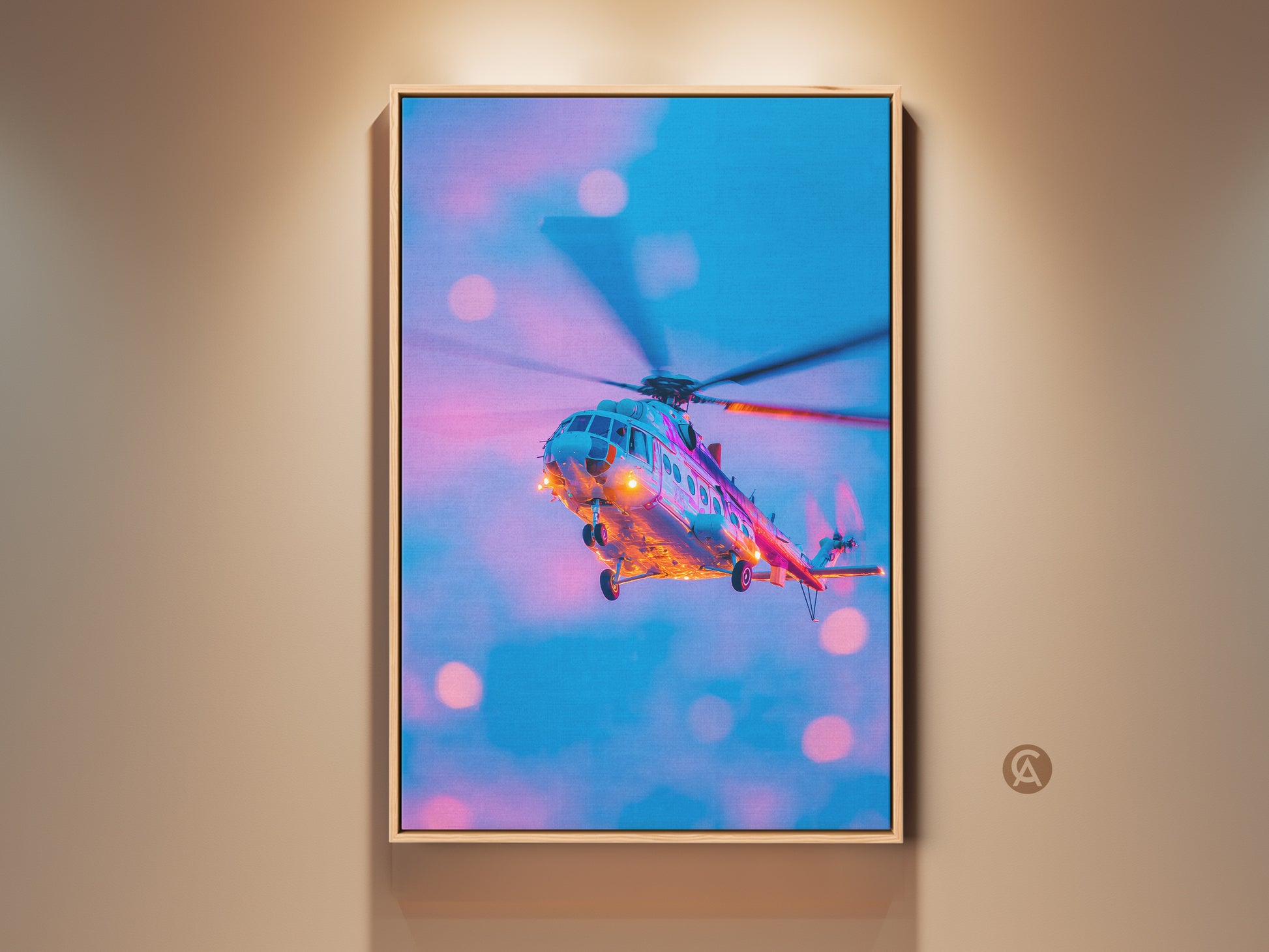 Framed helicopter artwork. This vibrant artwork features a helicopter in flight. A modern and eye-catching piece for aviation enthusiasts. Perfect for adding a pop of color to any room. The artwork is framed and ready to hang adding style to your space.