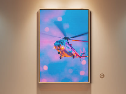 Framed helicopter artwork. This vibrant artwork features a helicopter in flight. A modern and eye-catching piece for aviation enthusiasts. Perfect for adding a pop of color to any room. The artwork is framed and ready to hang adding style to your space.