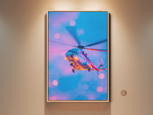 Framed helicopter artwork. This vibrant artwork features a helicopter in flight. A modern and eye-catching piece for aviation enthusiasts. Perfect for adding a pop of color to any room. The artwork is framed and ready to hang adding style to your space.