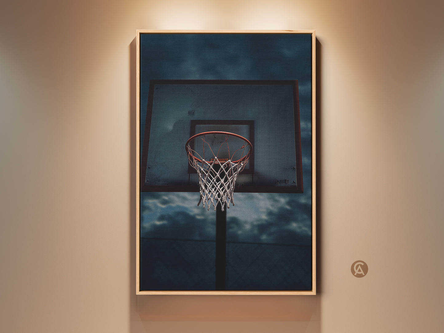 Urban sports photography featuring a basketball hoop art print. This industrial-style artwork has red gray and blue tones. Perfect teen room decor or a unique gift for basketball fans. The artwork is framed and ready to hang adding a sporty aesthetic.