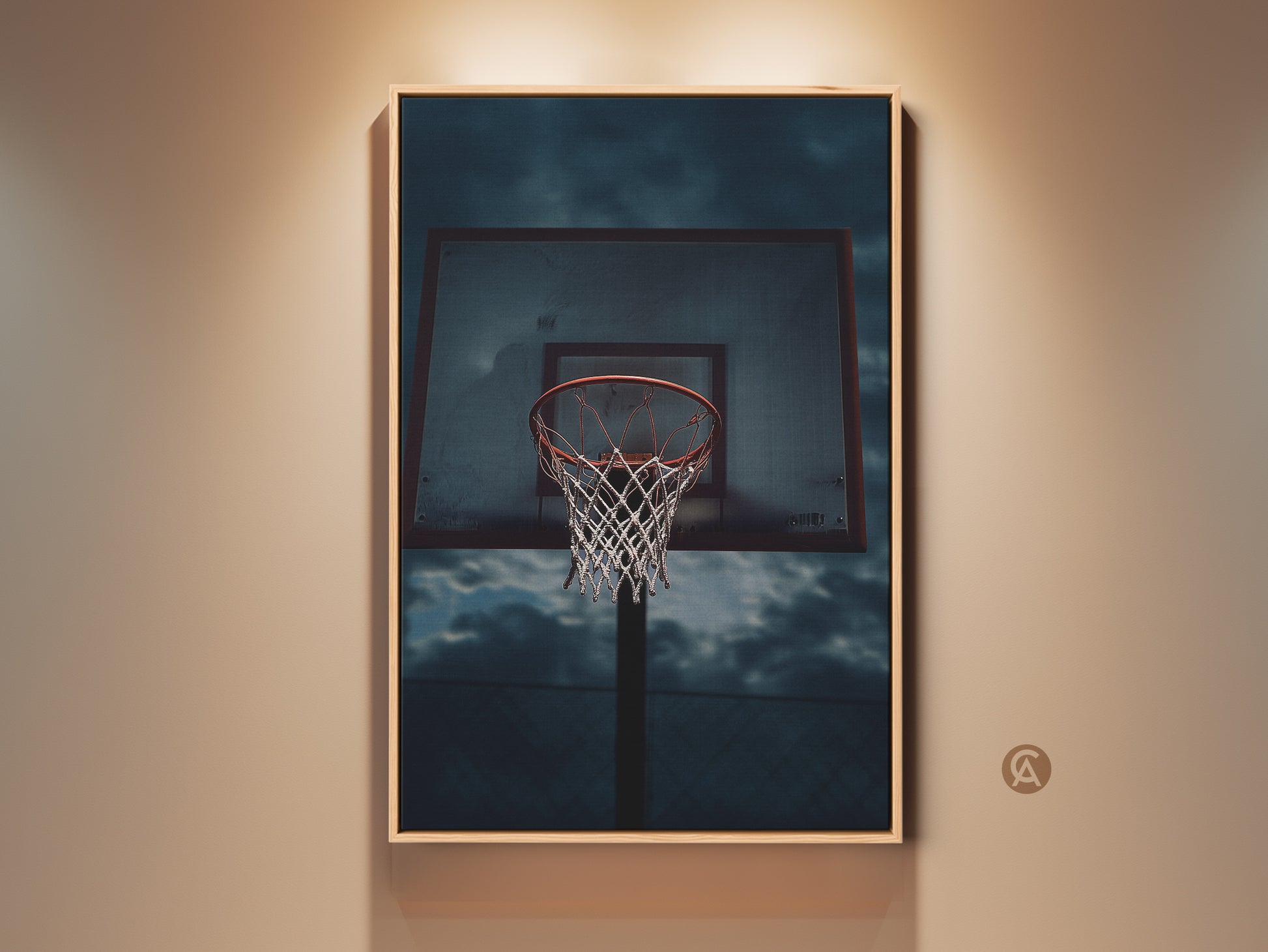 Urban sports photography featuring a basketball hoop art print. This industrial-style artwork has red gray and blue tones. Perfect teen room decor or a unique gift for basketball fans. The artwork is framed and ready to hang adding a sporty aesthetic.