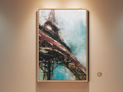 Modern abstract art print in a light wood frame. This contemporary canvas wall artwork features blue brown and teal colors. Ideal office or living room decor for a creative space.