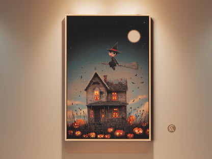 This Halloween canvas print showcases a cute witch flying over a haunted house. It has a dark blue night sky with spooky pumpkins. This kids' room wall art brings seasonal charm to any space. The fantasy theme and rich colors make it a unique Halloween gift ideal for eclectic decor.