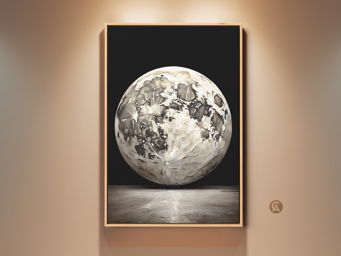 Framed abstract moon artwork on a beige wall. This celestial space wall art features a black white and gray color palette. Perfect as a modern home decor gift or lunar inspired wall hanging.
