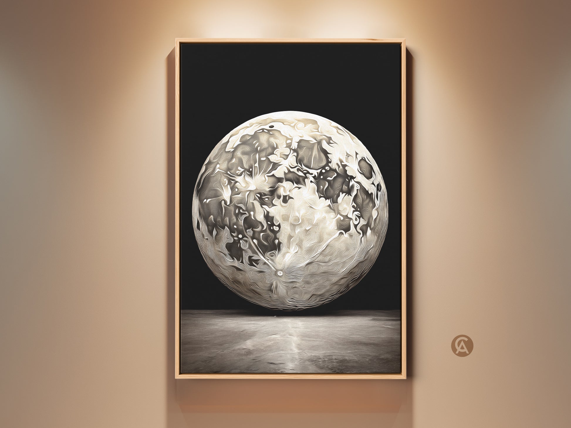 Framed abstract moon artwork on a beige wall. This celestial space wall art features a black white and gray color palette. Perfect as a modern home decor gift or lunar inspired wall hanging.