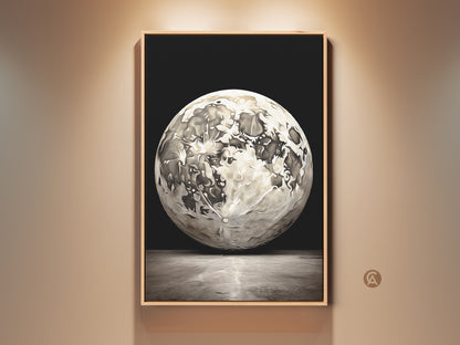 Framed abstract moon artwork on a beige wall. This celestial space wall art features a black white and gray color palette. Perfect as a modern home decor gift or lunar inspired wall hanging.