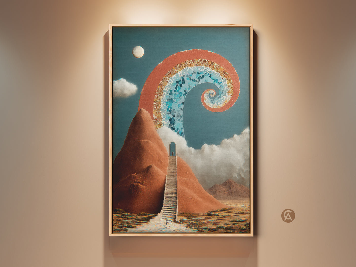 Abstract Stairway to Archway canvas print. A surreal terracotta and deep blue spiral artwork perfect as spiritual office art. A figure ascends stairs toward a mystic archway. An Eclectic focal point that inspires a new beginning. Enhance your space with this captivating surreal landscape print