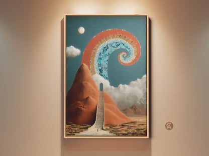 Abstract Stairway to Archway canvas print. A surreal terracotta and deep blue spiral artwork perfect as spiritual office art. A figure ascends stairs toward a mystic archway. An Eclectic focal point that inspires a new beginning. Enhance your space with this captivating surreal landscape print