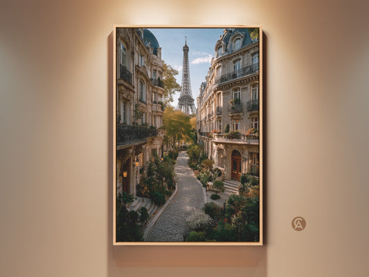 A picturesque Parisian street scene art print. The Eiffel Tower is visible in the distance. Cobblestone streets lined with charming buildings and lush greenery create a captivating view. This fine art print brings Parisian elegance to your home decor.
