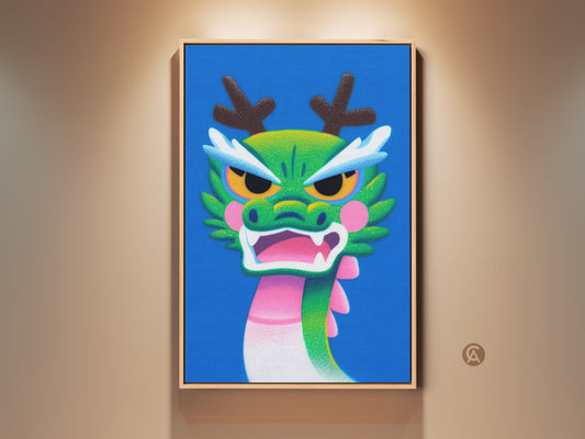 Framed Cartoon Dragon art is perfect kids room decor. The vibrant green blue pink mythical creature adds fantasy to any wall. Gift this playful artwork for a children's birthday.