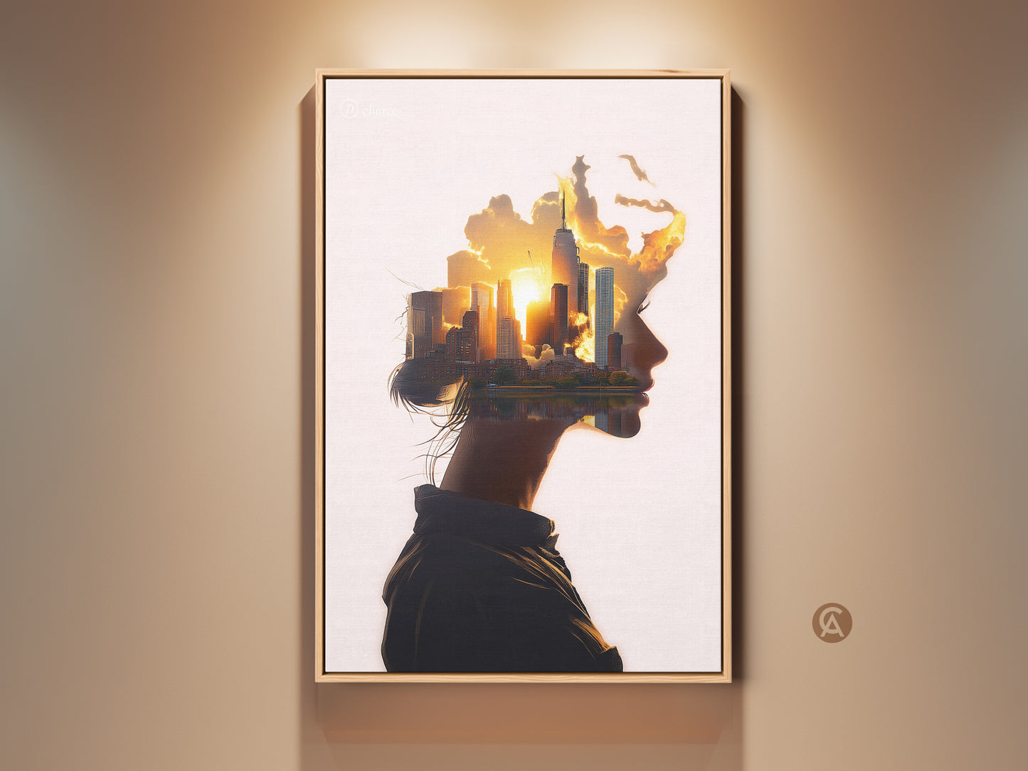 Woman profile cityscape art print on display. Abstract surreal wall art featuring a conceptual urban landscape at sunset. The artwork's orange yellow gold palette creates a contemporary look. Perfect modern bedroom wall decor or office art. It is a unique housewarming gift.